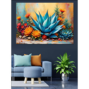 Renkli Egzotik Mavi Kaktüs Dekoratif Kanvas - Mdf Ahşap Tablo