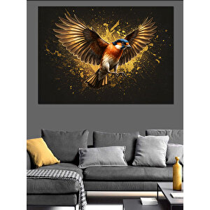 Altın Parlayan Küçük Serçe Dekoratif Kanvas - Mdf Ahşap Tablo 100x140 cm