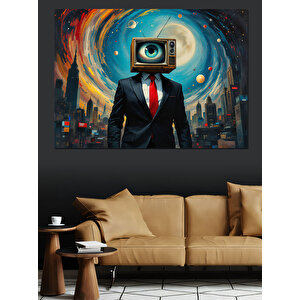 Televizyon Kafalı Adam Figürü Dekoratif Kanvas - Mdf Ahşap Tablo 100x140 cm