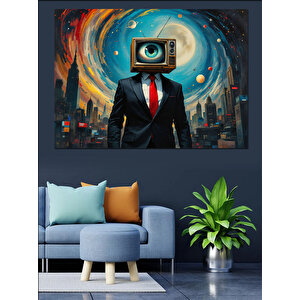 Televizyon Kafalı Adam Figürü Dekoratif Kanvas - Mdf Ahşap Tablo 100x140 cm