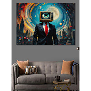 Televizyon Kafalı Adam Figürü Dekoratif Kanvas - Mdf Ahşap Tablo 100x140 cm