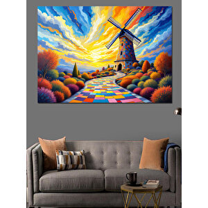 Renkli Yol Ve Yel Değirmeni Dekoratif Kanvas - Mdf Ahşap Tablo 100x140 cm