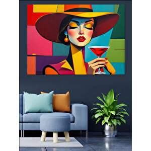 Kadeh Tutan Renkli Kadın Dekoratif Kanvas - Mdf Ahşap Tablo 100x140 cm