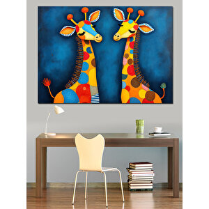 Renkli Zürafa Çifti Dekoratif Kanvas - Mdf Ahşap Tablo 100x140 cm