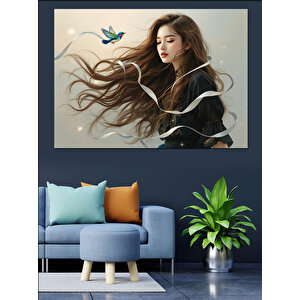 Saçları Uçuşan Genç Kadın Dekoratif Kanvas - Mdf Ahşap Tablo 50x70 cm