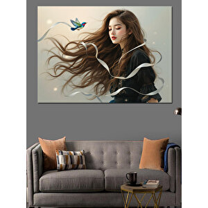 Saçları Uçuşan Genç Kadın Dekoratif Kanvas - Mdf Ahşap Tablo 50x70 cm