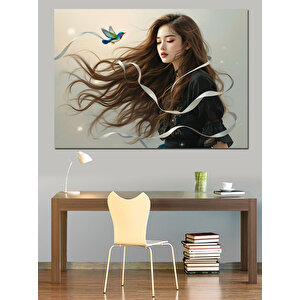 Saçları Uçuşan Genç Kadın Dekoratif Kanvas - Mdf Ahşap Tablo 35x50 cm