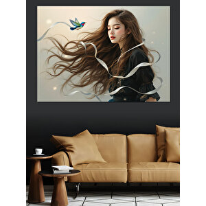 Saçları Uçuşan Genç Kadın Dekoratif Kanvas - Mdf Ahşap Tablo