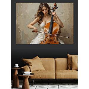 Viyolonsel Çalan Kadın Müzisyen Dekoratif Kanvas - Mdf Ahşap Tablo