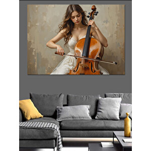 Viyolonsel Çalan Kadın Müzisyen Dekoratif Kanvas - Mdf Ahşap Tablo 70x100 cm