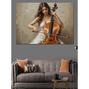 Viyolonsel Çalan Kadın Müzisyen Dekoratif Kanvas - Mdf Ahşap Tablo 35x50 cm