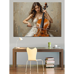 Viyolonsel Çalan Kadın Müzisyen Dekoratif Kanvas - Mdf Ahşap Tablo 35x50 cm