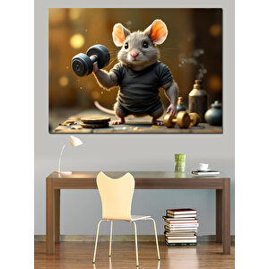 Ağırlık Kaldıran Sevimli Fare Dekoratif Kanvas - Mdf Ahşap Tablo 50x70 cm