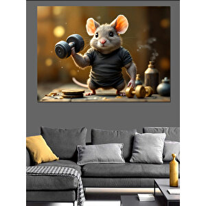 Ağırlık Kaldıran Sevimli Fare Dekoratif Kanvas - Mdf Ahşap Tablo 50x70 cm