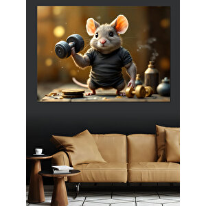 Ağırlık Kaldıran Sevimli Fare Dekoratif Kanvas - Mdf Ahşap Tablo 50x70 cm