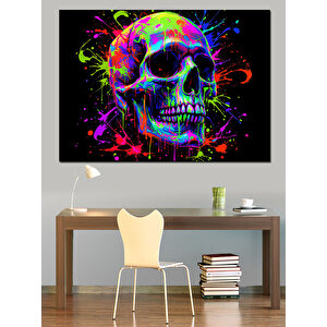 Neon Boyalı Kafatası Dekoratif Kanvas - Mdf Ahşap Tablo 100x140 cm