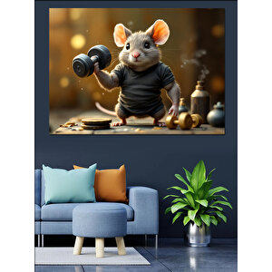 Ağırlık Kaldıran Sevimli Fare Dekoratif Kanvas - Mdf Ahşap Tablo
