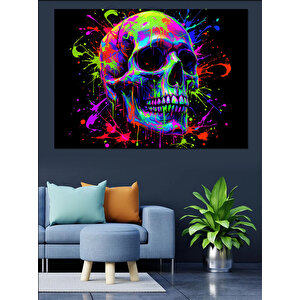 Neon Boyalı Kafatası Dekoratif Kanvas - Mdf Ahşap Tablo