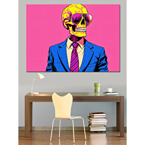 Pembe Takım Elbiseli Kafatası Dekoratif Kanvas - Mdf Ahşap Tablo 100x140 cm