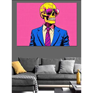 Pembe Takım Elbiseli Kafatası Dekoratif Kanvas - Mdf Ahşap Tablo 100x140 cm
