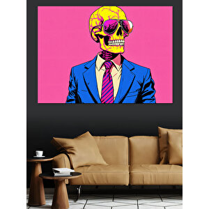 Pembe Takım Elbiseli Kafatası Dekoratif Kanvas - Mdf Ahşap Tablo 100x140 cm