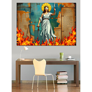 Alevler İçinde Adalet Kadını Dekoratif Kanvas - Mdf Ahşap Tablo 100x140 cm