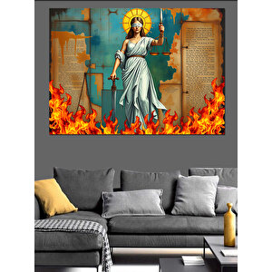 Alevler İçinde Adalet Kadını Dekoratif Kanvas - Mdf Ahşap Tablo 100x140 cm