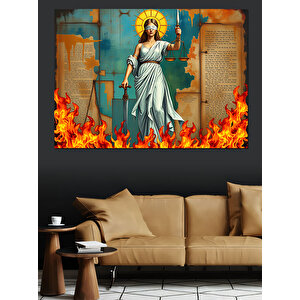 Alevler İçinde Adalet Kadını Dekoratif Kanvas - Mdf Ahşap Tablo