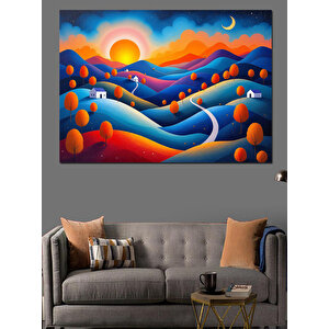 Turuncu Mavi Tepeler Manzarası Dekoratif Kanvas - Mdf Ahşap Tablo 100x140 cm