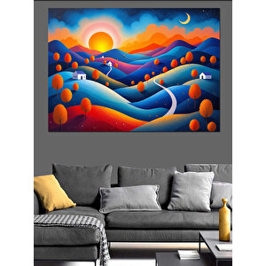Turuncu Mavi Tepeler Manzarası Dekoratif Kanvas - Mdf Ahşap Tablo 100x140 cm