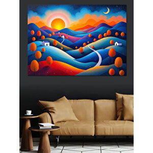 Turuncu Mavi Tepeler Manzarası Dekoratif Kanvas - Mdf Ahşap Tablo