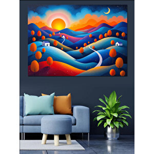 Turuncu Mavi Tepeler Manzarası Dekoratif Kanvas - Mdf Ahşap Tablo