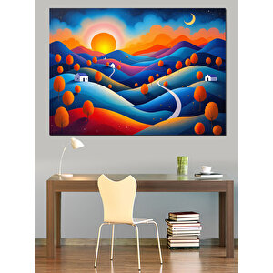 Turuncu Mavi Tepeler Manzarası Dekoratif Kanvas - Mdf Ahşap Tablo 70x100 cm