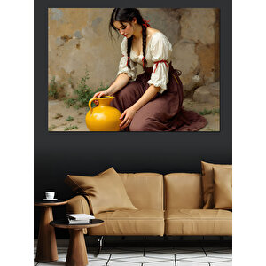 Testi Taşıyan Genç Kadın Dekoratif Kanvas - Mdf Ahşap Tablo 100x140 cm