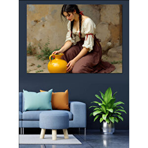 Testi Taşıyan Genç Kadın Dekoratif Kanvas - Mdf Ahşap Tablo