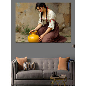 Testi Taşıyan Genç Kadın Dekoratif Kanvas - Mdf Ahşap Tablo