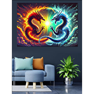 Alevler İçinde Ejderha Dekoratif Kanvas - Mdf Ahşap Tablo 100x140 cm