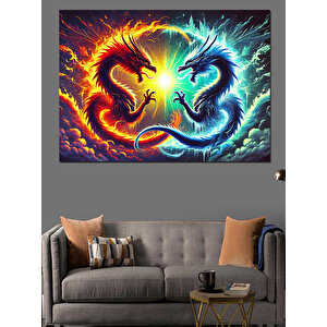 Alevler İçinde Ejderha Dekoratif Kanvas - Mdf Ahşap Tablo 100x140 cm