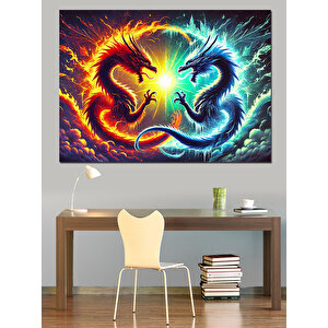 Alevler İçinde Ejderha Dekoratif Kanvas - Mdf Ahşap Tablo 100x140 cm