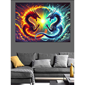 Alevler İçinde Ejderha Dekoratif Kanvas - Mdf Ahşap Tablo