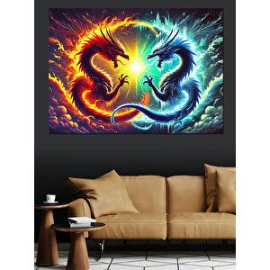 Alevler İçinde Ejderha Dekoratif Kanvas - Mdf Ahşap Tablo