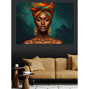 Turuncu Türbanlı Portre Dekoratif Kanvas - Mdf Ahşap Tablo 50x70 cm