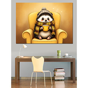 Koltukta Kışlık Kirpi Dekoratif Kanvas - Mdf Ahşap Tablo 50x70 cm