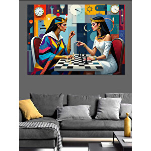 Satranç Oynayan İki Kadın Dekoratif Kanvas - Mdf Ahşap Tablo 100x140 cm