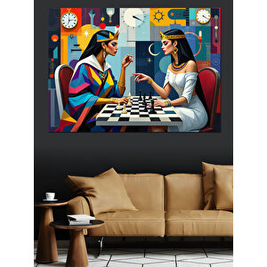 Satranç Oynayan İki Kadın Dekoratif Kanvas - Mdf Ahşap Tablo 100x140 cm