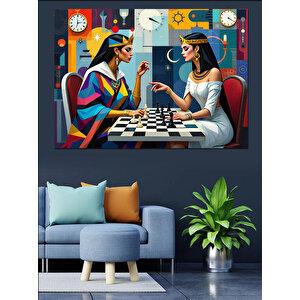 Satranç Oynayan İki Kadın Dekoratif Kanvas - Mdf Ahşap Tablo 100x140 cm