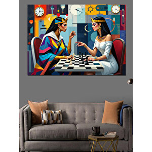 Satranç Oynayan İki Kadın Dekoratif Kanvas - Mdf Ahşap Tablo