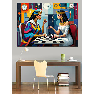 Satranç Oynayan İki Kadın Dekoratif Kanvas - Mdf Ahşap Tablo
