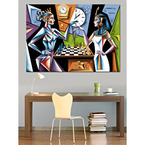 Soyut Satranç Oynayanlar Dekoratif Kanvas - Mdf Ahşap Tablo 70x100 cm