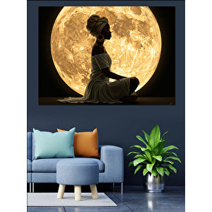 Dolunay Önünde Meditasyon Kadını Dekoratif Kanvas - Mdf Ahşap Tablo 50x70 cm
